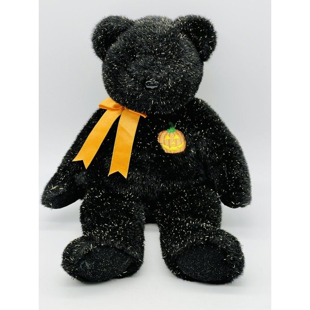 Ty Beanie Buddies Haunt Black Halloween Bear Plush Pumpkin Glitter Fur‎ Stuffed